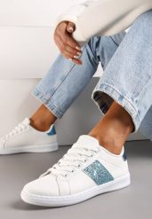 Biało-Niebieskie Sneakersy Sznurowane Ozdobione Brokatem Vistasta. Białe obuwie sportowe damskie Renee, z materiału, bez zapięcia. Za 69.99 zł.