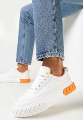 Biało-Pomarańczowe Sneakersy na Platformie z Łańcuszkiem Jaolisa. Białe obuwie sportowe damskie Born2be, bez zapięcia. Za 54.99 zł.