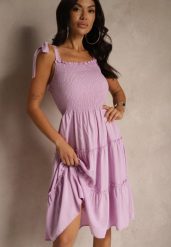 Fioletowa Sukienka z Wiskozą o Rozkloszowanym Kroju na Ramiączkach z Wiązaniem Aranive. Fioletowe sukienki damskie Renee, bez wzorów, z wiskozy, eleganckie, bez ramiączek. W wyprzedaży za 55.99 zł.
