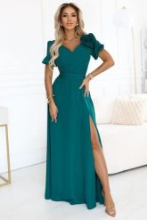 Długa suknia wieczorowa rozkloszowana butelkowa zieleń. Zielone sukienki damskie NUMOCO, z aplikacjami, z elastanu, eleganckie, bez ramiączek. Za 509.00 zł.
