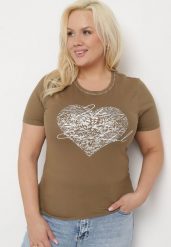 Ciemnozielony T-shirt Bawełniany z Krótkim Rękawem i Metalicznym Nadrukiem oraz Cyrkoniami Sanesti. Zielone t-shirty damskie Born2be, l, z aplikacjami, z bawełny, bez kołnierzyka. Za 34.99 zł.