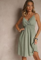 Ciemnozielona Kopertowa Sukienka z Wiskozy Lilisena. Zielone sukienki damskie Renee, bez wzorów, z wiskozy, eleganckie, bez ramiączek. Za 34.99 zł.