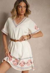 Czerwona Pudełkowa Sukienka z Bawełny w Hafty w Stylu Boho Felkio. Czerwone sukienki damskie Renee, bez wzorów, z bawełny, boho, bez ramiączek. W wyprzedaży za 80.99 zł.