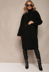 Czarny Dwurzędowy Płaszcz Oversize z Wełną Spolete. Czarne płaszcze damskie Renee, bez wzorów, z wełny, bez kaptura. Za 289.99 zł.