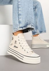 Beżowe Trampki na Platformie Ozdobione Metalicznymi Aplikacjami Jalzedis. Brązowe trampki damskie Renee, z aplikacjami, z jeansu, bez zapięcia. Za 79.99 zł.