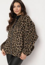 Brązowa Panterkowa Bluza z Dodatkiem Lnu o Kroju Oversize Sintirra. Brązowe bluzy damskie Born2be, m, bez wzorów, z jeansu, bez kaptura. Za 169.99 zł.