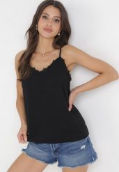 Czarna Bluzka Top z Tkaniny Plumeti i Koronką Fedora. Czarne bluzki damskie Born2be, m, bez wzorów, z koronki, bez kołnierzyka, bez ramiączek. Za 69.99 zł.