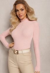 Różowy Wełniany Golf na Perłowe Guziki z Ozdobną Koronką Hejsunna. Czerwone golfy damskie Renee, bez wzorów, z dzianiny, bez ramiączek. Za 34.99 zł.