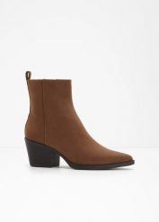Botki kowbojki z obcasem typu słupek. Brązowe botki damskie bonprix, bez obcasa, na słupku, bez zapięcia. Za 147.99 zł.
