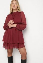Bordowa Rozkloszowana Sukienka Siateczkowa z Bufiastymi Rękawami Isovana. Czerwone sukienki damskie Born2be, bez wzorów, eleganckie, bez ramiączek. Za 129.99 zł.