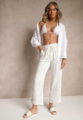Białe Spodnie High Waist ze Sznurkiem Savurelle. Białe spodnie materiałowe damskie Renee, z aplikacjami, z jeansu. Za 39.99 zł.