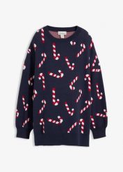 Sweter ciążowy z rozcięciami. Niebieskie swetry klasyczne damskie bonprix, na zimę, bez kołnierzyka, moda ciążowa. Za 129.99 zł.