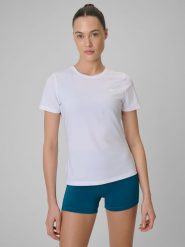 4F Koszulka treningowa regular szybkoschnąca damska - biała XL. Białe koszulki damskie 4F, xl, bez wzorów, bez kołnierzyka, bez ramiączek. Za 79.99 zł.