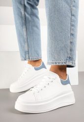 Biało-Niebieskie Gładkie Sneakersy z Ekoskóry na Grubej Podeszwie ze Sznurowaniem Avara. Białe obuwie sportowe damskie Born2be, bez zapięcia. Za 79.99 zł.