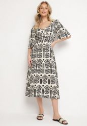 Czarno-Kremowa Sukienka Wiskozowa Rozkloszowana z Odkrytymi Plecami w Print Boho Turaisa. Czarne sukienki damskie Born2be, bez wzorów, z wiskozy, boho, bez ramiączek. Za 89.99 zł.