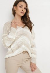 Beżowy Luźny Sweter w Paski Onortte. Brązowe swetry klasyczne damskie Born2be, bez kołnierzyka. Za 74.99 zł.