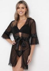Czarny Wiązany Szlafrok ze Stringami Francolla. Czarne szlafroki damskie Born2be, bez wzorów, z koronki, bez kaptura. Za 44.99 zł.