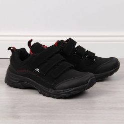 Buty trekkingowe na rzepy wodoodporne czarno-czerwone American Club. Czarne obuwie sportowe damskie American CLUB, z materiału, bez zapięcia. Za 159.99 zł.