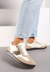Ciemnobeżowe Casualowe Sneakersy z Geometrycznymi Wzorami i Kontrastowymi Przeszyciami Riandrea. Brązowe obuwie sportowe damskie Renee, z jeansu, bez zapięcia. Za 59.99 zł.