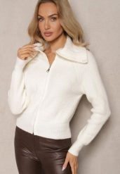 Biały Kardigan z Wełną o Kroju z Golfem i Zapięciem na Zamek Zinfria. Białe kardigany damskie Renee, bez wzorów, z dzianiny. Za 79.99 zł.