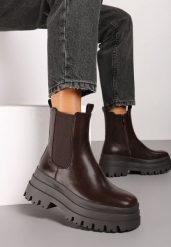 Brązowe Botki Sztyblety Grunge na Grubej Podeszwie z Elastyczną Wstawką Fortinas. Brązowe botki damskie Born2be, z jeansu, eleganckie, z okrągłym noskiem, bez obcasa, na płaskiej podeszwie, bez zapięcia. Za 159.99 zł.