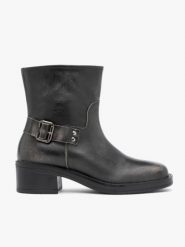 Czarno-szare botki biker boots. Szare botki damskie Ryłko, ze skóry, klasyczne, bez obcasa, bez zapięcia. Za 579.99 zł.