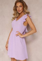 Fioletowa Mini Sukienka z Odkrytymi Plecami Wykonana z Tkaniny Plumeti Telmolio. Fioletowe sukienki damskie Renee, bez wzorów, z tkaniny, bez ramiączek. W wyprzedaży za 75.99 zł.