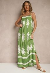 Zielona Rozkloszowana Sukienka na Ramiączkach w Ornamentalny Print Reveleine. Zielone sukienki damskie Renee, z aplikacjami, bez ramiączek. W wyprzedaży za 55.99 zł.