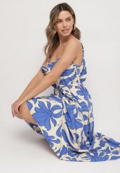 Niebieska Sukienka z Wiskozy o Rozkloszowanym Kroju z Broszką i Wiązaniem Marunela. Niebieskie sukienki damskie Born2be, z aplikacjami, z wiskozy, eleganckie, bez ramiączek. Za 99.99 zł.