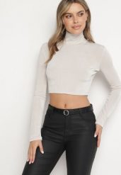 Jasnoszara Krótka Bluzka z Golfem Banirae. Szare bluzki damskie Born2be, l, bez wzorów, z jeansu, bez ramiączek. Za 74.99 zł.