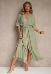Zielona Sukienka z Wiskozy Ozdobiona Ażurowymi Wstawkami Aloviana. Zielone sukienki damskie Renee, w ażurowe wzory, z wiskozy, eleganckie, bez ramiączek. Za 149.99 zł.