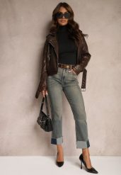 Niebiesko-Szare Jeansy High Waist z Bawełny z Efektem Postarzenia i Modnym Paskiem Rilelle. Niebieskie jeansy damskie Renee, z podwyższonym stanem. Za 119.99 zł.