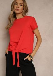 Czerwony Bawełniany T-shirt Wiązany u Dołu Sunalina. Czerwone t-shirty damskie Renee, l, bez wzorów, z bawełny, bez kołnierzyka. Za 29.99 zł.