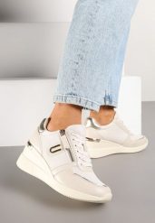 Beżowe Sneakersy na Koturnie z Ozdobnym Zamkiem Błyskawicznym Hanarael. Brązowe obuwie sportowe damskie Renee, z jeansu, bez zapięcia. Za 119.99 zł.