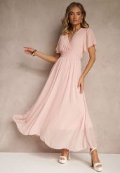 Różowa Rozkloszowana Sukienka z Kopertowym Dekoltem Obillis. Czerwone sukienki damskie Renee, bez wzorów, z jeansu, eleganckie, bez ramiączek. W wyprzedaży za 111.99 zł.