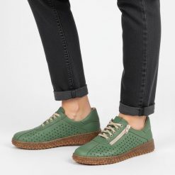 Półbuty damskie Wasak, niski fason sznurowanie boczny zamek ażurowa cholewka miękka konstrukcja elastyczna podeszwa, zielony, 0812. Zielone półbuty damskie Wasak, na lato, w ażurowe wzory, z nubiku, bez obcasa, bez zapięcia. Za 339.00 zł.