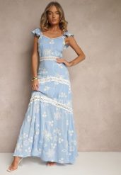 Niebieska Rozkloszowana Sukienka z Wiskozy z Haftami Lumirieve. Niebieskie sukienki damskie Renee, bez wzorów, z wiskozy, eleganckie, bez ramiączek. W wyprzedaży za 119.99 zł.