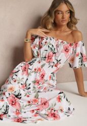 Biała Sukienka Hiszpanka w Kwiaty z Gumką w Pasie Deviela. Białe sukienki damskie Renee, bez wzorów, z materiału, bez ramiączek. W wyprzedaży za 63.99 zł.