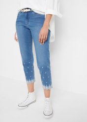 Dżinsy Straight ze stretchem, mid waist, dł. za kolano. Niebieskie jeansy damskie bonprix. Za 159.99 zł.