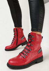 Czerwone Botki Workery z Ozdobnymi Taśmami Ronasse. Czerwone botki damskie Born2be, z dzianiny, eleganckie, bez obcasa, na płaskiej podeszwie, bez zapięcia. Za 139.99 zł.