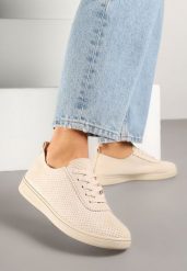 Beżowe Tenisówki z Perforowaną Cholewką Ellivene. Brązowe obuwie sportowe damskie Renee, z jeansu, bez zapięcia, tenisowe. Za 49.99 zł.