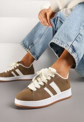 Jasnobrązowe Sneakersy na Niskiej Platformie z Naszywkami Flordexia. Brązowe obuwie sportowe damskie Renee, z jeansu, bez zapięcia. Za 69.99 zł.
