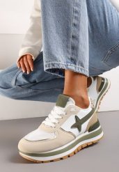 Beżowo-Zielone Sneakersy na Niskiej Platformie z Ozdobnymi Wstawkami na Cholewce Suno. Brązowe obuwie sportowe damskie Renee, z materiału, bez zapięcia. Za 89.99 zł.
