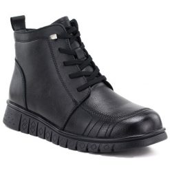 Skórzane botki damskie komfortowe czarne eVento 445. Czarne botki damskie eVento, ze skóry, bez obcasa, bez zapięcia. Za 299.99 zł.