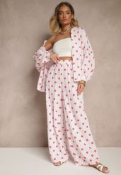 Różowe Szerokie Spodnie High Waist z Bawełny z Gumką w Talii Ranivaria. Czerwone spodnie materiałowe damskie Renee, bez wzorów, z bawełny. Za 74.99 zł.