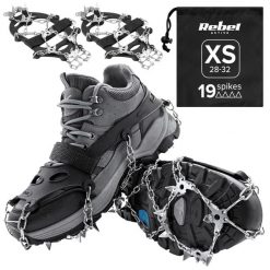 Raczki z kolcami nakładki na buty turystyczne. Szare obuwie trekkingowe damskie REBEL ACTIVE, z materiału, bez zapięcia. Za 39.99 zł.