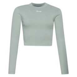 Damska koszulka z długim rękawem i haftem w prążki Superdry. Zielone bluzki damskie Superdry, bez wzorów, prążkowane, bez kołnierzyka, bez ramiączek. Za 156.75 zł.