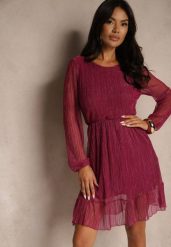 Fioletowa Rozkloszowana Wiskozowa Sukienka z Metaliczną Nicią Melanissa. Fioletowe sukienki damskie Renee, bez wzorów, z jeansu, eleganckie, bez ramiączek. Za 109.99 zł.