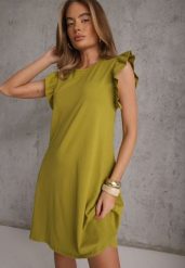 Ciemnozielona Trapezowa Sukienka z Elastycznej Bawełny z Falbankami Przy Ramionach Aleradia. Zielone sukienki damskie Renee, bez wzorów, z bawełny, bez ramiączek. Za 69.99 zł.