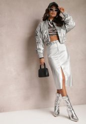 Srebrna Ołówkowa Spódnica Metaliczna Midi Serenita. Szare spódnice damskie Renee, m, bez wzorów, z tkaniny, eleganckie, midi. Za 119.99 zł.